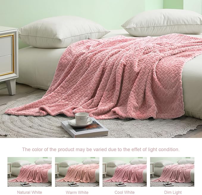 Exclusivo Mezcla Fleece Throw Blanket for Couch, 50x70 Inches Soft Cozy Jacquard Flannel Blankets, Lightweight Fuzzy Plush Warm Throws for Winter, Pink