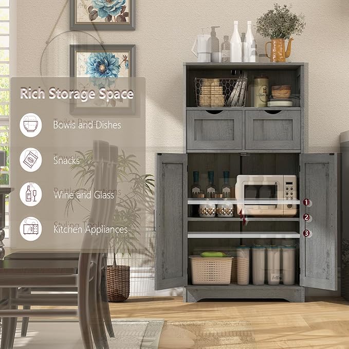WEENFON Bathroom Cabinet, Storage Cabinet with 2 Adjustable Drawers & 2 Barn Doors, Standing Cupboard with 2 Shelf, Floor Cabinet for Living Room, Home Office, Kitchen, Grey