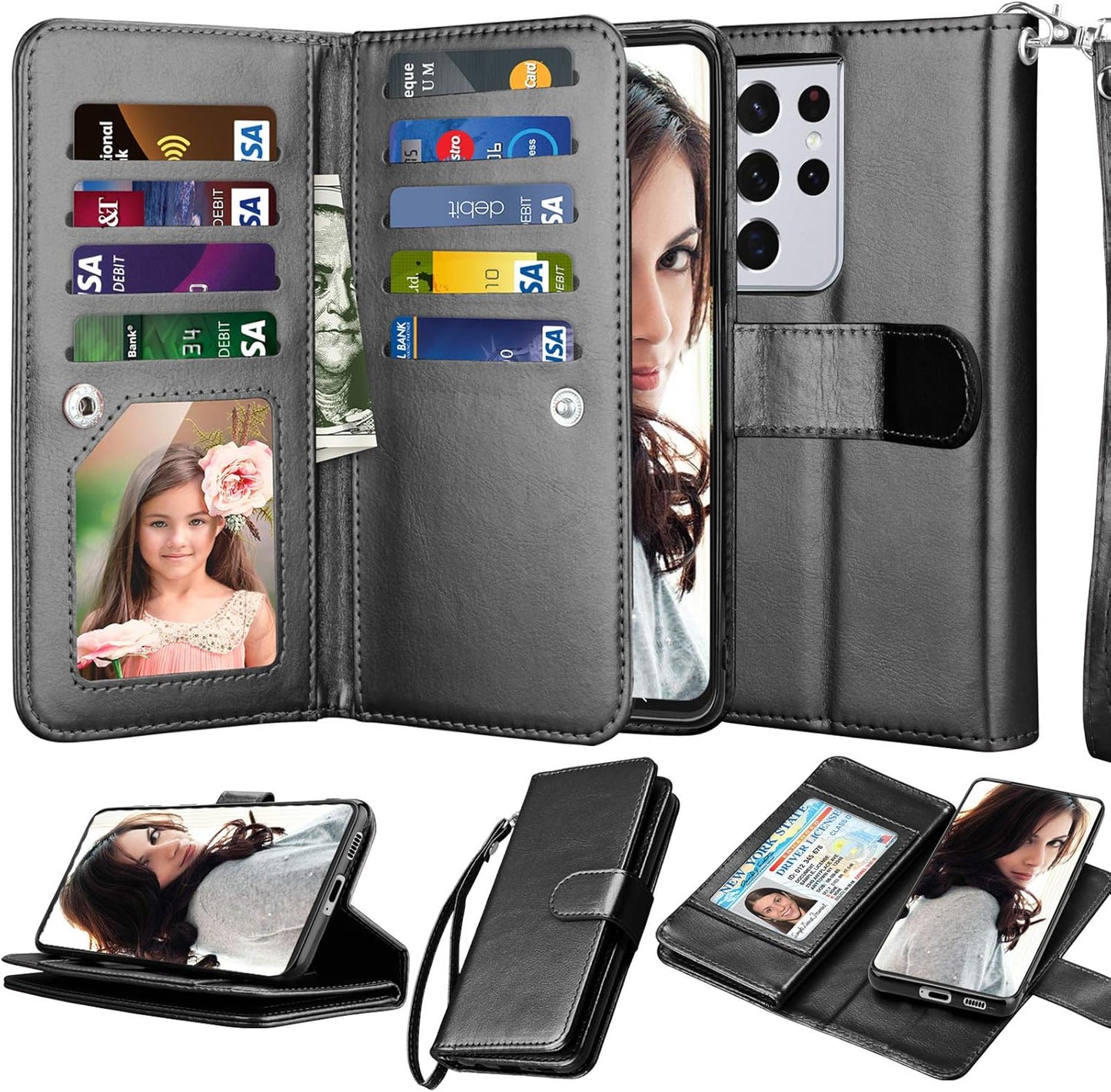 Njjex Wallet Case for Galaxy S21 5G - Black, 9 Card Slots, PU Leather, Detachable Kickstand, Magnetic Cover & Lanyard