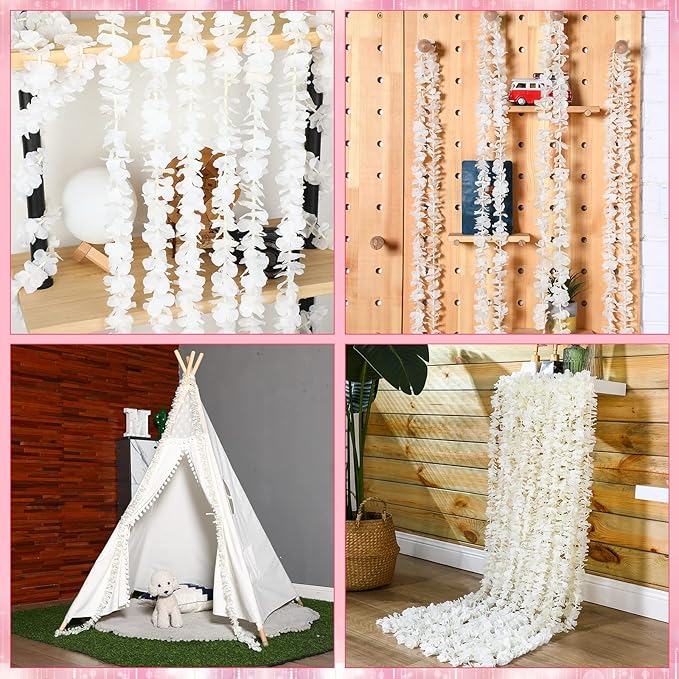 24 PCS Artificial Wisteria Hanging Flowers 6.56 Ft/pcs Fake Wisteria Vine Kit Hanging Flower for House Outdoor Garden Ceremony Outside Wedding Arch Floral Decor (White)