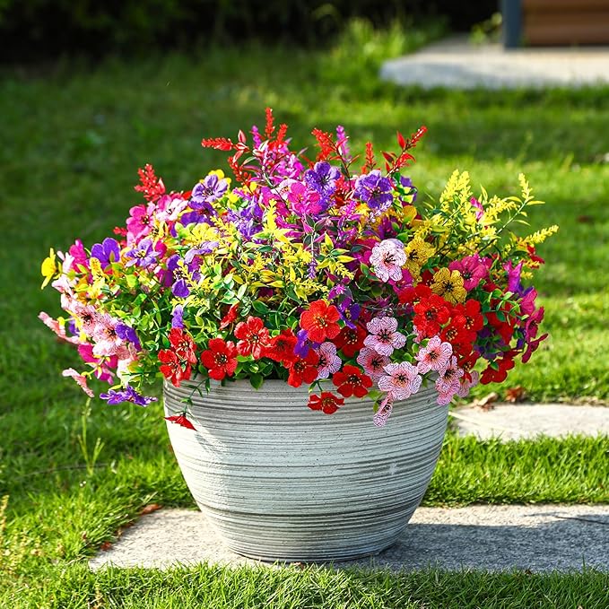 SHareconn 36 Bundles Artificial Flowers for Outdoors Decoration, Faux Plants Fake Silk Colorful Daisy Eucalyptus Lavender, UV Resistant for Outside Home Porch Patio Indoor Spring Decor, Mix 5 Colors