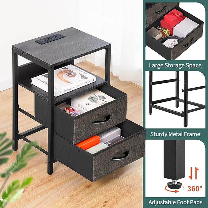 Yoobure Nightstand with Charging Station, LED Night Stand with Fabric Drawers and Storage Shelf for Bedroom, Nightstands Bedside Tables with USB Ports & Outlets, Small Night Stands, Bed Side Table