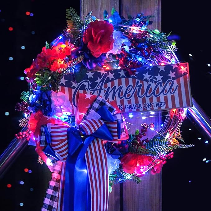 JMEXSUSS 2 Pack Red White and Blue Fairy Lights Battery Operated, Total 200 LED 66ft Battery Powered Twinkle Light with Remote, 8 Modes Red White and Blue String Lights for 4th of July Decorations