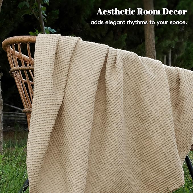 PHF 100% Cotton Waffle Weave Blanket Twin Size for Bed,Snag Proof Lightweight Breathable Throw for Couch,Great for Layering in Cold Weather,Machine Washable,Home Decor Gift-Khaki/Simply Taupe