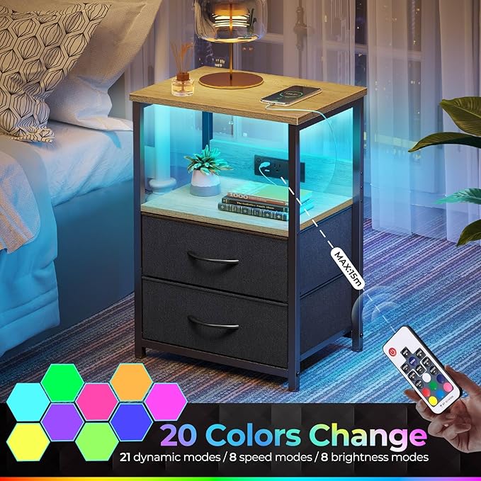 Seventable Nightstand with Charging Station, Bedside Table with LED Lights, Night Stand with 2 Fabric Drawers, 3-Tier Storage End Table for Bedroom, Greige