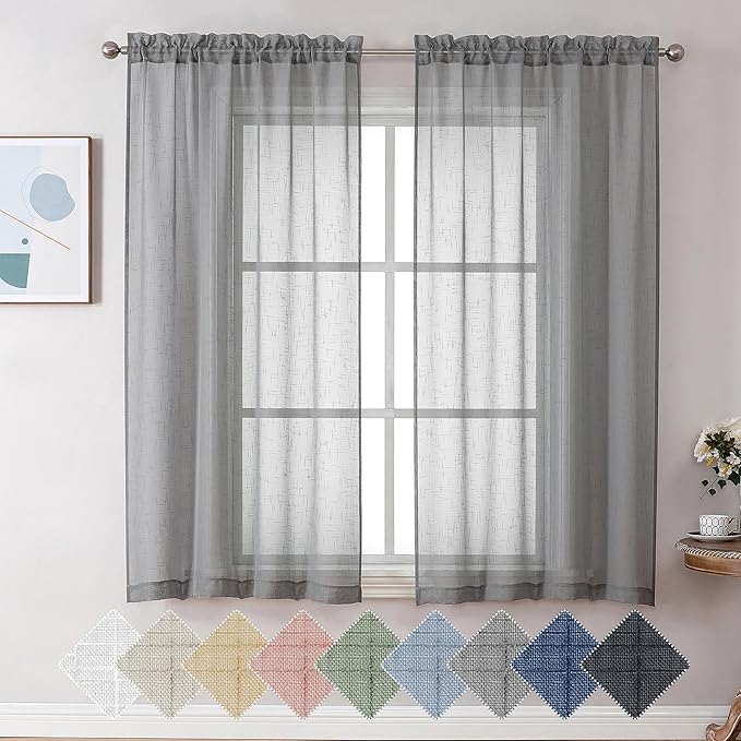Aiyufeng Kirei Elegant Grey Linen Look Sheer Curtains for Window Decor, Rod Pocket Gray Flax Window Treatment Privacy with Light Filter Vertical Drapes for Bedroom, Charcoal Grey, W40 x L63, 2 Panels