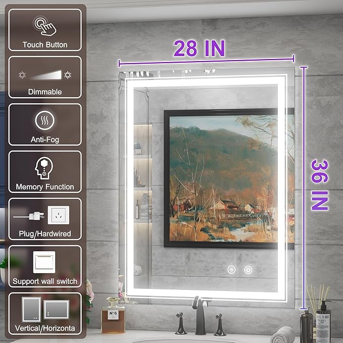28x36 Inch LED Bathroom Mirror with Lights, Adjustable 3000K/4500K/6000K, Wall Mounted Lighted Bathroom Vanity Mirror, Memory Funtion, Stepless Dimmable, Anti-Fog, Horizontal/Vertical