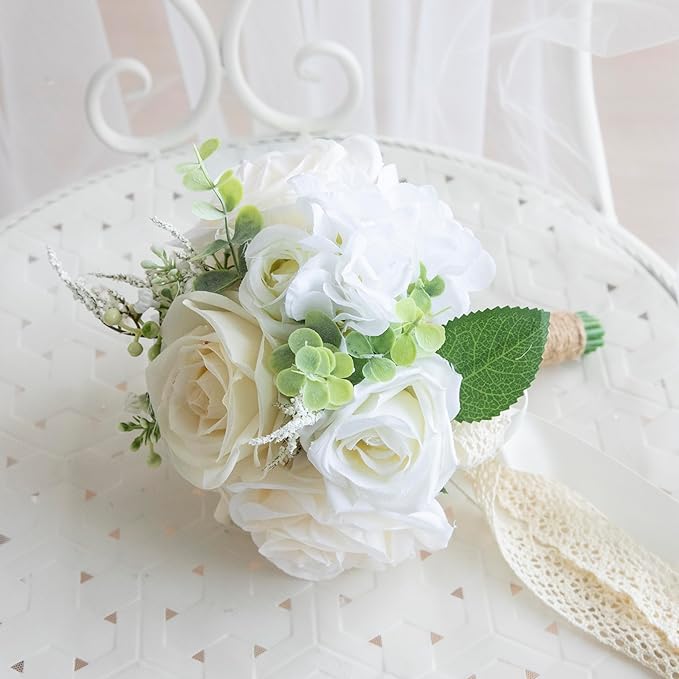 Wedding Bouquets for Bride Bridesmaid, Artificial White Champagne Bride Flower Bouquet for Wedding Church Decoration Ceremony, Anniversary, White Roses Flowers