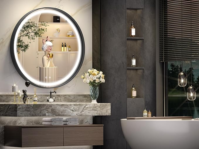 Hasipu 32 Inch Round LED Mirror for Bathroom with Lights, Black Circle Vanity Mirror for Wall, Metal Framed Frontlit Bathroom Mirrors Anti-Fog, Dimmable, 3 Colors Lighted Makeup Mirror Wall Mounted