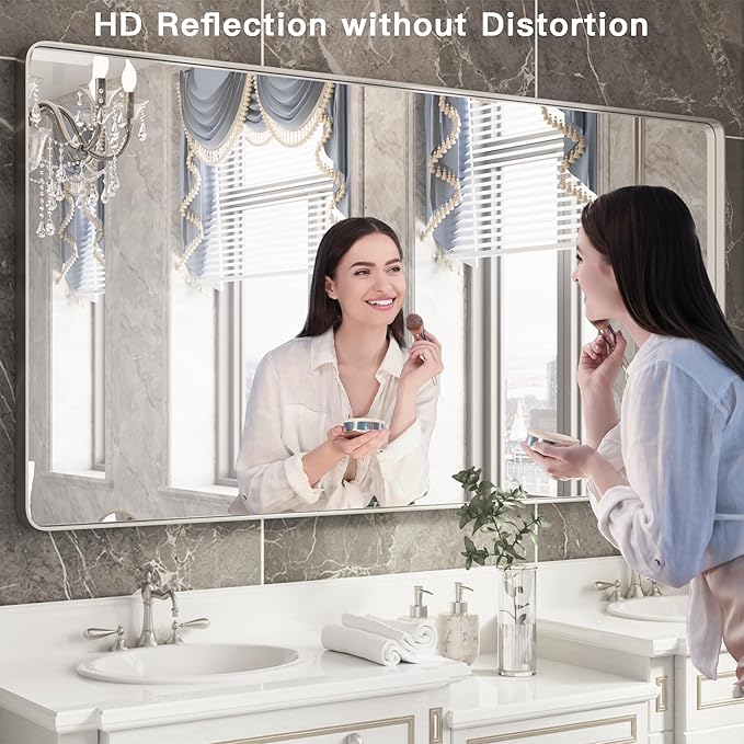 ISKM Large Sliver Metal Framed Bathroom Mirror for Wall, 60 x 40 Inch Large Vanity Mirror Wall Mounted Farmhouse Decorative for Living Room Entryway (Horizontal/Vertical)