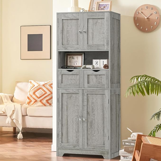 Iwell Tall Storage Cabinet with Adjustable Shelf, Bathroom Cabinet with 2 Drawers, Linen Cabinet for Living Room, Grey