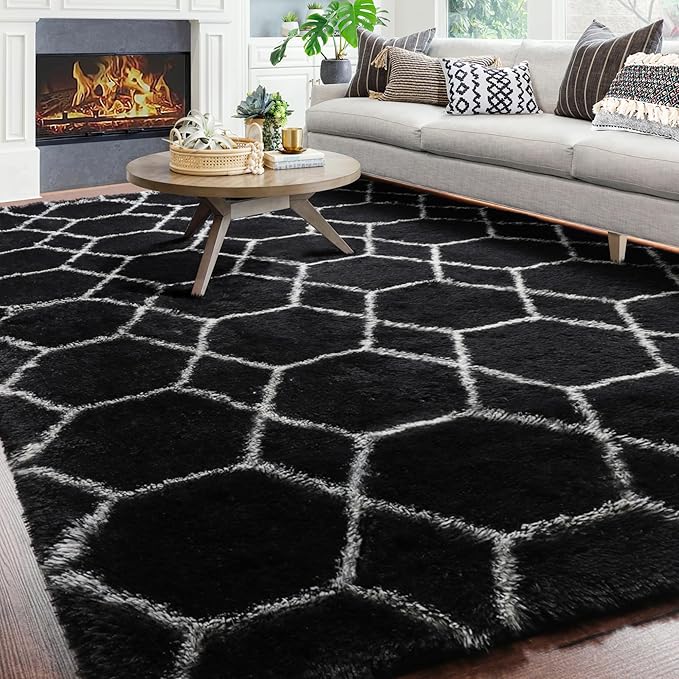 ONASAR 6x9 Area Rugs for Living Room Bedroom, Washable Large Fluffy Black and White Throw Rug, Geometric Soft Plush Shaggy Floor Carpet for Nursery Kids Girls Boys Teen Dorm Home Decor Aesthetic