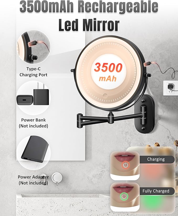 Wall Mounted Makeup Mirror with Light, 20X/1X 8'' Double Sided LED Magnifying Bathroom Lighted Vanity Mirror with Magnification, 3 Color Light up Touch Dimmable Extended Arm 360 Rotation