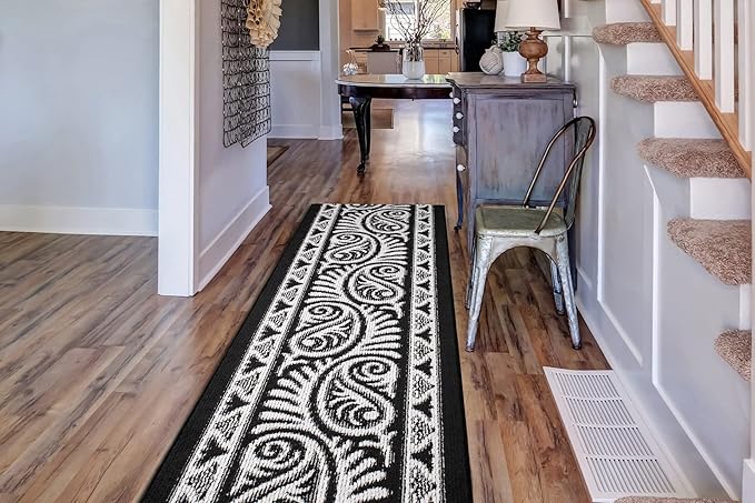 Custom Length Cut to Size Tribal Ethnic Southwestern Inspired Hallway Runner Rug, Non Slip Rubber Backed, 31 inch Wide X Customized Length, Mayan Black, 31 inch X 12 feet