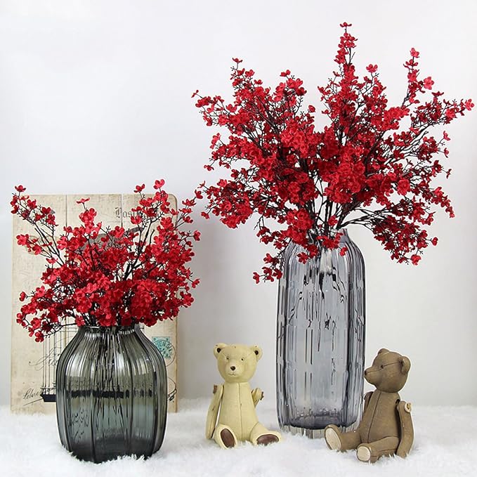 JAKY-Global 20pcs Babys Breath Artificial Flowers Gypsophila Bouquet Bulk Fake Spring Silk Small Flowers Real Touch Faux Floral for Home Bedroom Kitchen Garden Wedding Christmas Party DIY Decor (Red)
