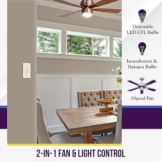 ENERLITES 3 Speed Ceiling Fan Control and LED Dimmer Light Switch, Light and Fan Combination Switch, Single Pole, 2.5A, 300W Incandescent, No Neutral Wire Required, 17001-F3-LA-F, Light Almond