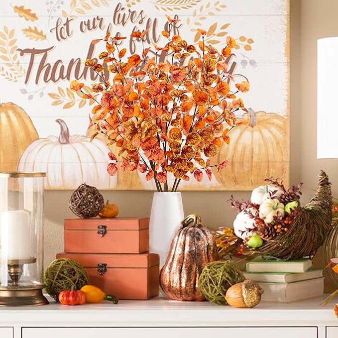 12pcs Artificial Eucalyptus Leaves Stems 30" Faux Fall Leaf Spray Plants Branches Autumn Decorations for Home Floral Arrangements Farmhouse Table Centerpiece Thanksgiving Decor
