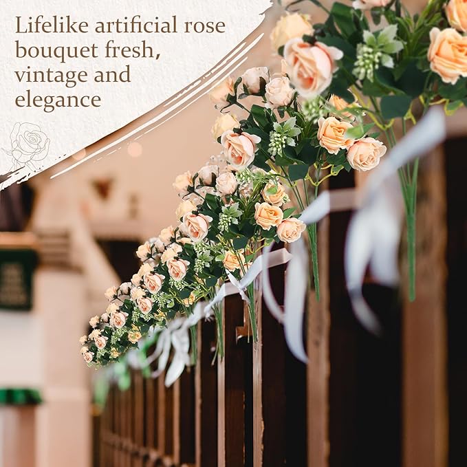 Zeyune 8 Pack 12 Inch Valentines Artificial Rose Bouquet Silk Roses Flowers Bunches Bulk Fake Roses for Wedding Bridal Home Office Garden Parties Decoration(Champagne)