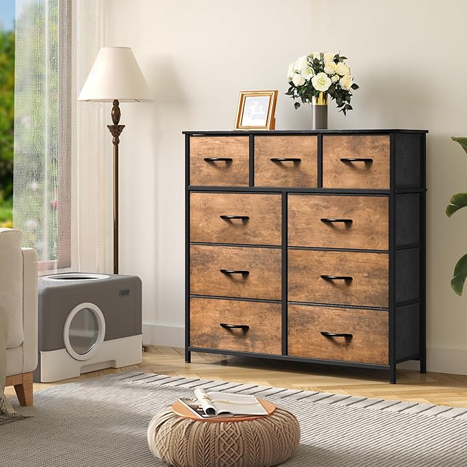 YITAHOME Dresser for Bedroom with 9 Drawers - Fabric Storage Tower, Tall Chest Organizer Unit for Living Room, Entryway, Closets with Sturdy Steel Frame, Wooden Top, Brown