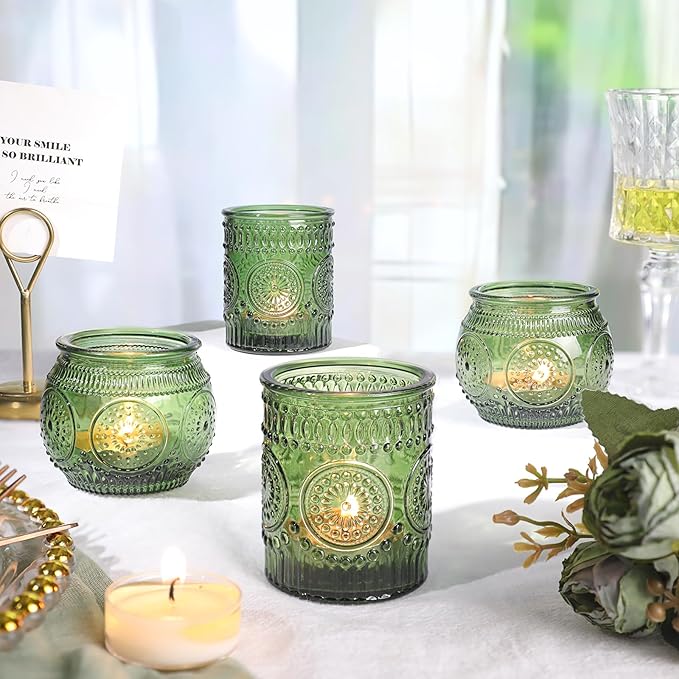 36 Pcs Green Glass Votive Candle Holders Bulk - Assorted Tea Light Holders for Christmas, Tea Party, Fall Wedding, Bridal Shower Table Centerpieces