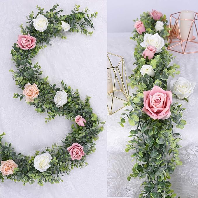 DearHouse 6 Pack Faux Eucalyptus Garland Plant, Artificial Vines Hanging Eucalyptus Leaves Greenery Garland for Wedding Backdrop Arch Wall Decor, 5.9 Feet/pcs UV Protected Indoor Outdoor