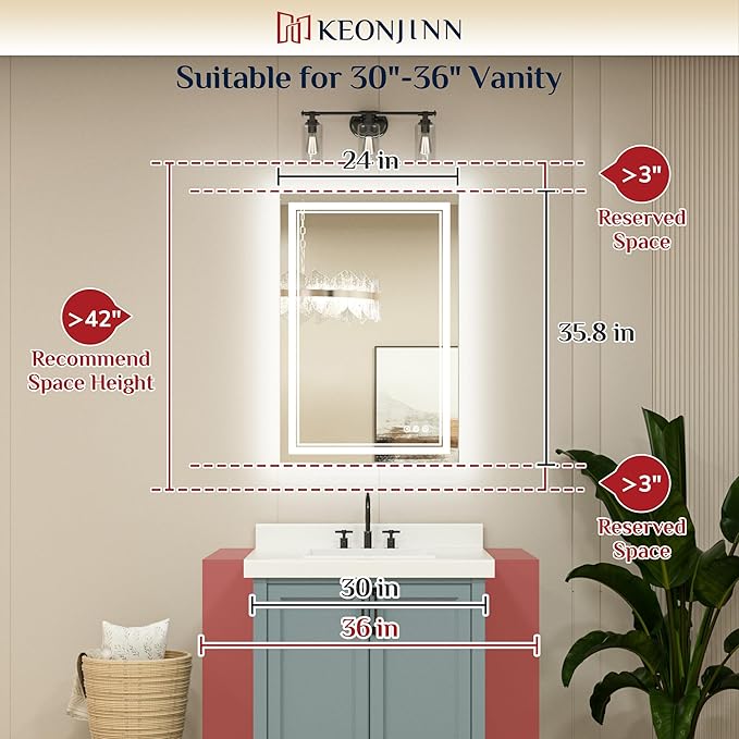 Keonjinn LED Mirror for Bathroom, 36 x 24 Inch, Wall Mounted, Dimmable, Anti-Fog, IP54 Waterproof, 3 Year Warranty