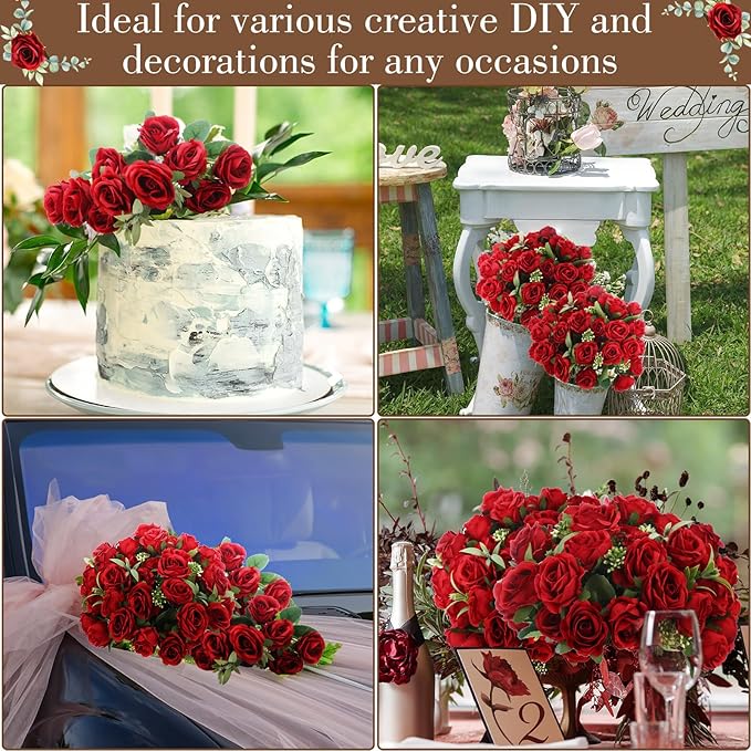 Zeyune 8 Pack 12 Inch Wedding Bouquets for Bride Bridesmaid Red Artificial Rose Bouquet Fake Silk Roses Flowers Bunches Bulk for Home Office Garden Parties Decoration