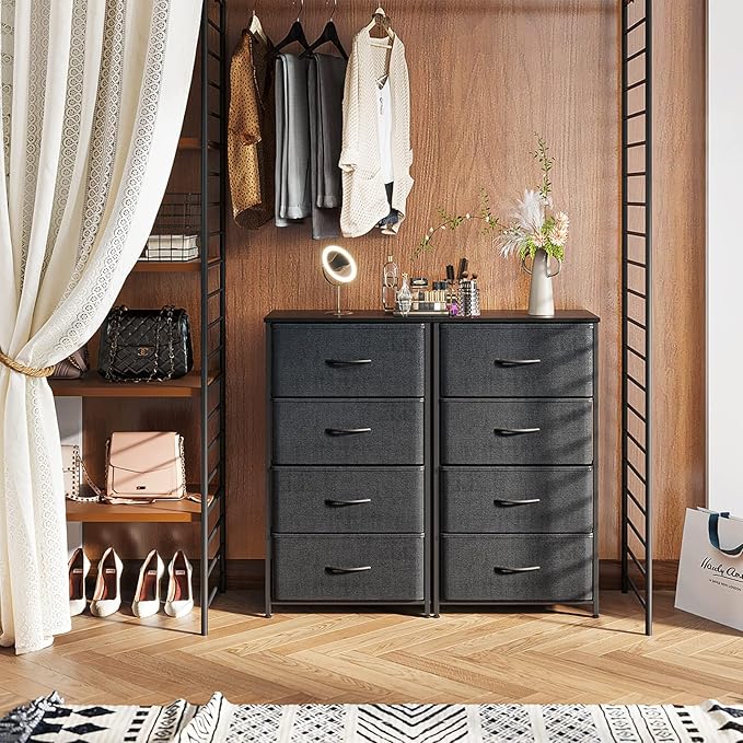 ODK Dresser for Bedroom with 4 Storage Drawers, Small Dresser Chest of Fabric Drawers with Sturdy Steel Frame, Wood Top, Black