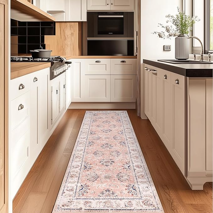 jinchan Long Hallway Runner Rug 2x12 Machine Washable Runner Rug Pink Vintage Floral Design Non-Slip Ultra-Thin for Kitchen Laundry Room Bedroom Farmhouse (2‘x12',Pink)