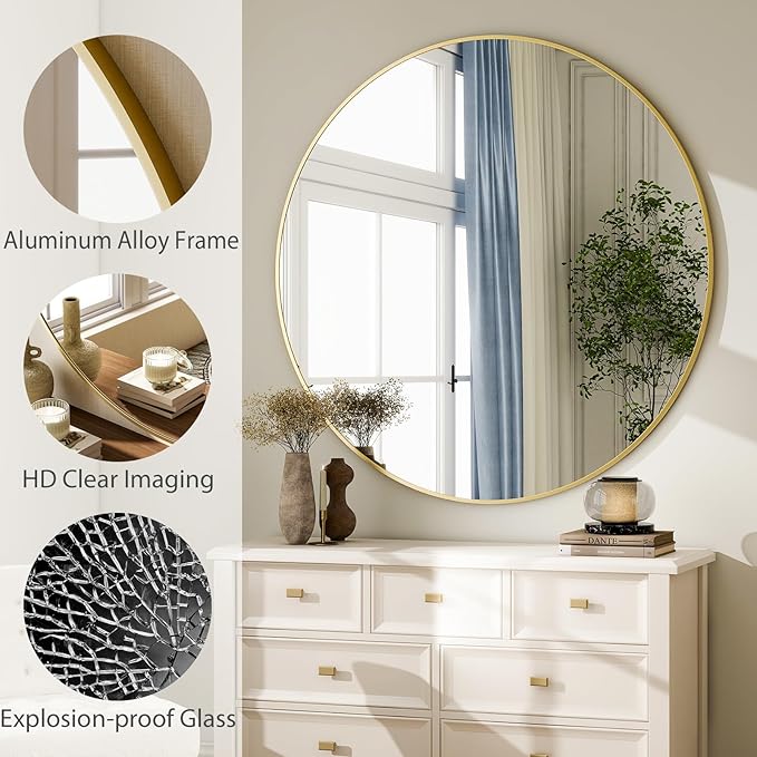 HARRITPURE 48 Inch Round Mirror, Gold Circle Bathroom Mirror, Modern Aluminum Alloy Frame Large Vanity Wall Mirror for Living Room, Bedroom, Entryway