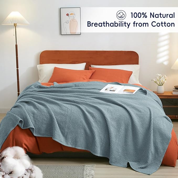 PHF 100% Cotton Waffle Weave Throw Blanket，Pre-Washed Snag Proof Lightweight Breathable Moisture-Wicking for Layering in Cold Weather for Couch Bed,Machine Washable,Home Decor Gift-Ocean