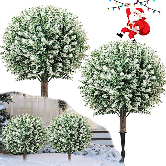 2 Pack White Artificial Christmas Tree, 24'' Outdoor Xmas Ball Tree,Fake Boxwood Topiaries with Spike,Faux Plants for Planters Urn Filler, Porch Potted Entrance Driveway Decor