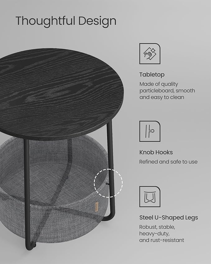 VASAGLE LILEA Collection - Small Round Side End Table, Modern Nightstand with Fabric Basket, Ebony Black and Slate Gray ULET223B01