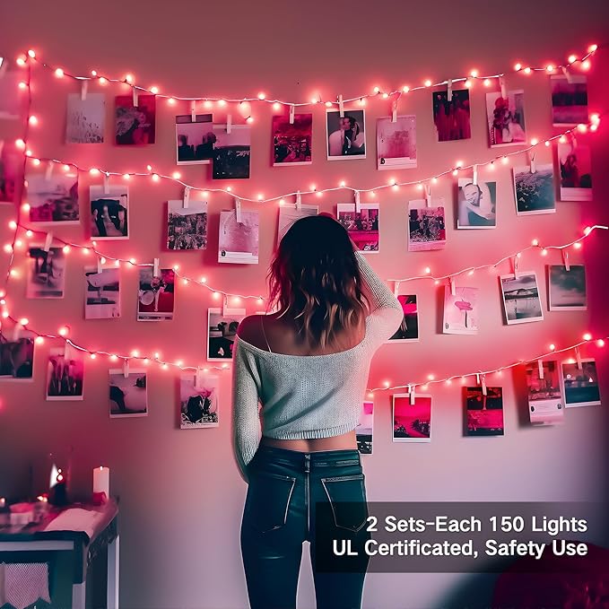 Brizled Pink Christmas Lights,300 Count 69.6ft Incandescent Lights, Connectable Indoor Xmas String Light White Wire, UL Certificated Mini Xmas Tree Light for Christmas Bedroom Wedding Birthday Decor