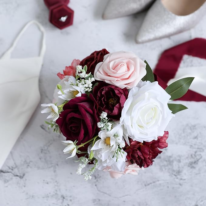 ponatia Burgundy Wedding Bouquets for Bride Bridesmaid, Blush Artificial Prom Flowers Bouquet for Weddings, Ceremony, Anniversary (Burgundy & Blush)