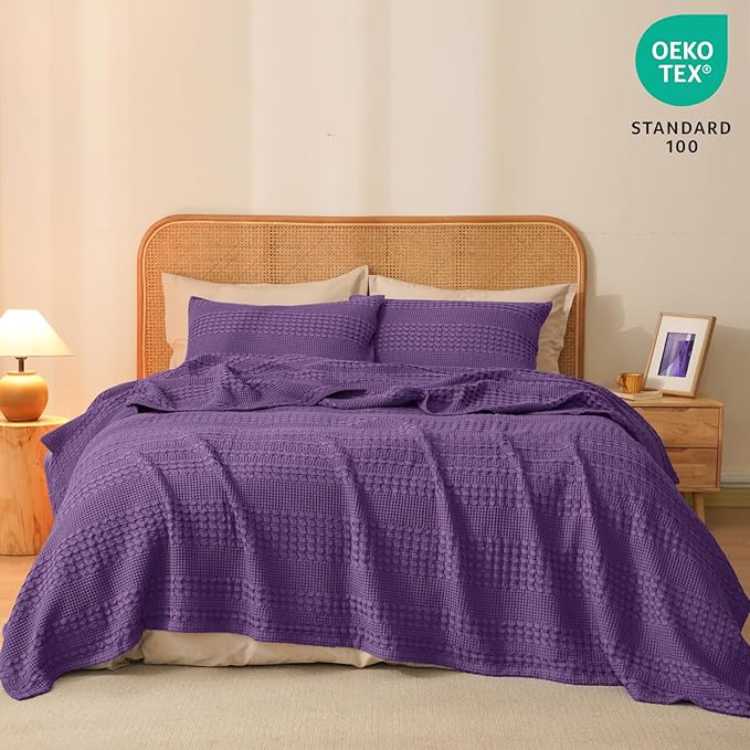 PHF 100% Cotton Waffle Weave Blanket Queen Size for Bed, Soft Lightweight & Breathable, All-Season Comfort, Luxury Aesthetic Woven Bedding for Home Decor, 90"x90", Grape Purple