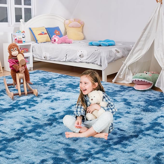 Ultra Soft Rug for Living Room, 9X12 Fluffy Shag Area Rug for Bedroom, Modern Shaggy Carpets Fuzzy Rug for Teens Dorm Nursery Home Decor Aesthetic, Upgrade Anti-Skid Durable, Tie-Dyed Blue Grey