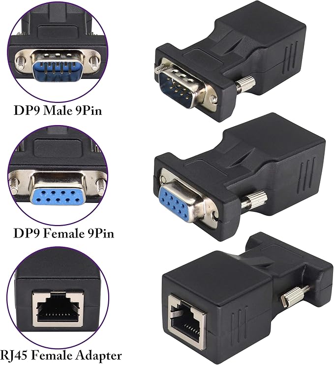 2-Pack DB9 to RJ45 Extender - Male & Female - 9Pin Serial Port to Ethernet LAN Network Adapter - Multimedia Video & Extend Transmission Distance - Compatible with DB9 Devices