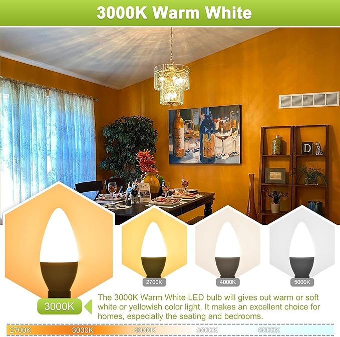 Sailstar Light Bulbs 60 Watt Equivalent, E12 Candelabra LED Light Bulbs, 3000K White, 500LM Ceiling Fan Light Bulbs, B11 Type B Bulb, Small Base Chandelier Light Bulbs 5W, CRI 85, Non-dimmable, 3 Pack