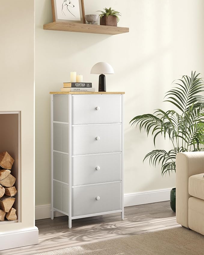 SONGMICS Dresser for Bedroom, Fabric Dresser with 4 Drawers, Metal Frame, Small Chest of Drawers, White and Oak ULTS314W57