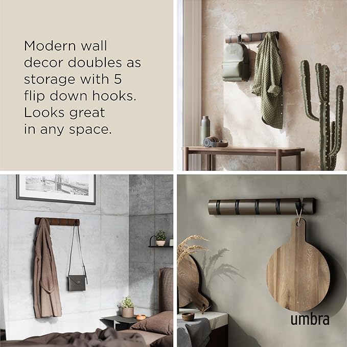 Umbra Flip Wall-Mounted Coat Rack Rail Hook for Hats, Jackets, Bags and More – Modern, Space-Saving Storage Organizer for Entryway, Mudroom, Closet, Bathroom, Bedroom, Kids Room, or Nursery, 5 Hooks,