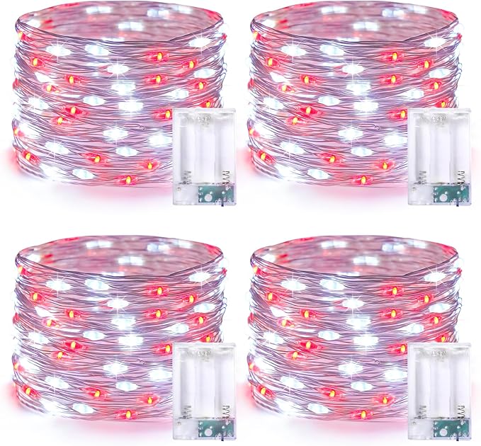 JMEXSUSS 4 Pack 50 LED Fairy Lights Battery Operated, 16.1ft Waterproof Red & White Twinkle Christmas Lights for Gifts Party Wedding Indoor Outdoor Decorations