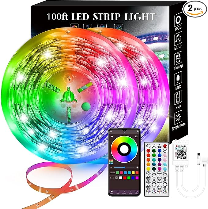 100FT Smart LED Strip Lights RGB Sync to Music with 40 Key Remote Controller LED Lights for Bedroom,Christmas Lights decration (Multi-Colored, 100FT)