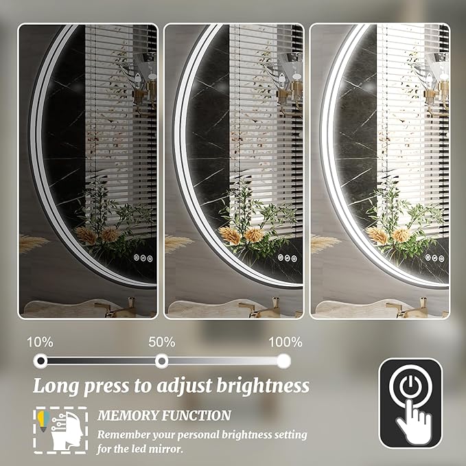 24 Inch Round LED Bathroom Mirror, Black Metal Framed Lighted Mirror for Bathroom, Wall Mouted LED Vanity Mirror with Lights, 3 Colors and Stepless Dimmable, Anti-Fog, Memory