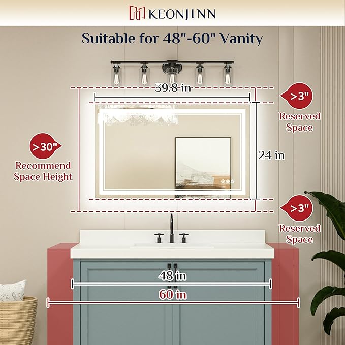 Keonjinn LED Bathroom Mirror with Lights, 40 x 24 Inch Front Lighted Vanity Mirror, HD Tempered Glass, UL-Listed LED Driver, Anti-Fog, 6000K Dimmale, Memory Function, Easy Installation