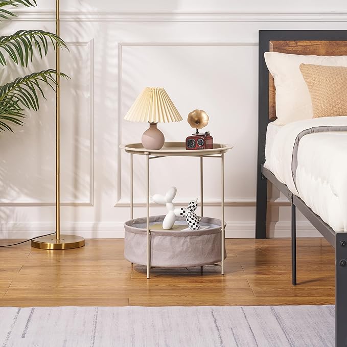 VECELO Round Side/End Table with Fabric Storage Basket，Metal Anti-Rust and Waterproof Small Bedside Nightstand with Removable Tray Top for Living Room，Balcony & Laundry，Grey /1pcs with Basket