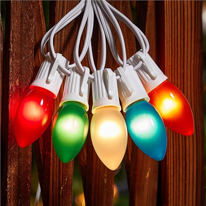 Minetom C9 String Lights Outdoor Christmas Lights 25 Feet Frosted Multi-Colored for Patio Room Christmas Tree Party Backyard Decoration White Wire