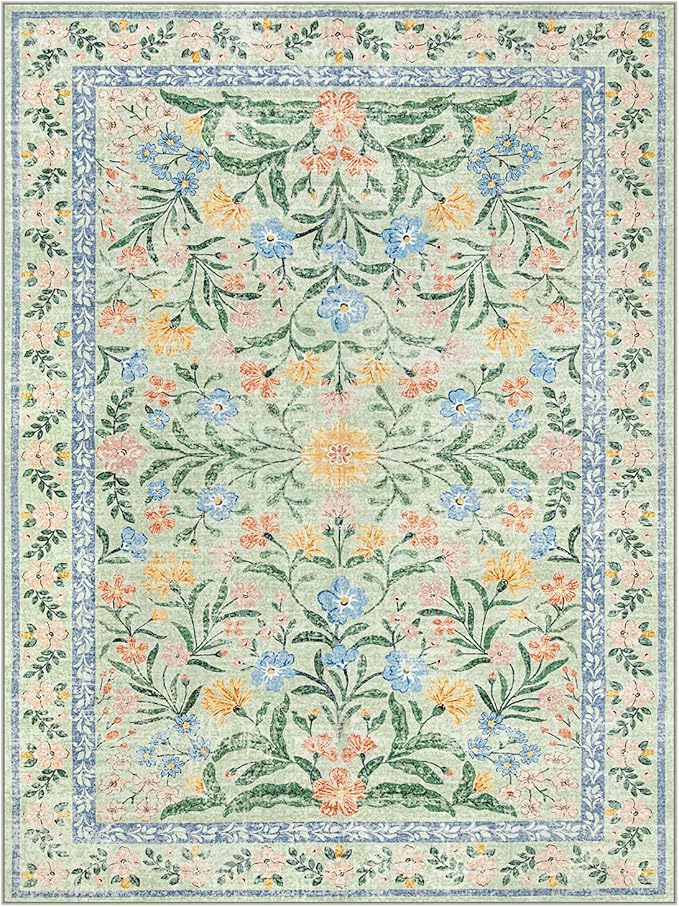 Wonnitar Machine Washable Area Rugs 9x12, Soft Sage Green Floral Rug for Living Room Bedroom, Ultra-Thin Large Foldable Boho Carpets for Playroom Classroom Dining Room