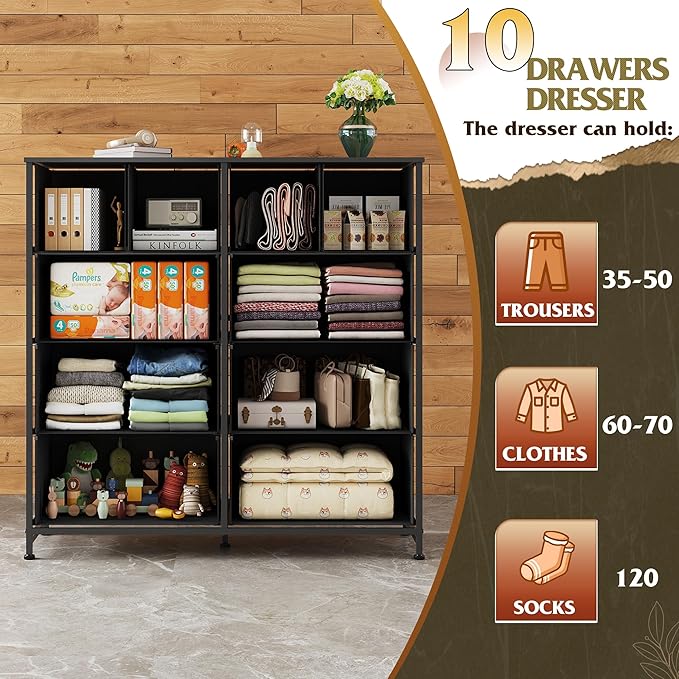 WLIVE Dresser for Bedroom with 10 Fabric Drawers, Tall Chest Organizer Units for Clothing, Closet, Storage Tower with Cabinet, Metal Frame, Wooden Top, Black Dresser for Living Room