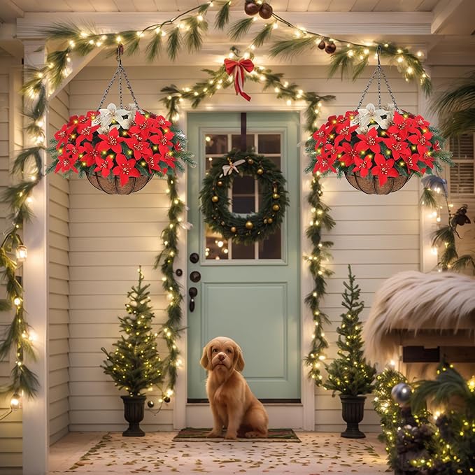 Florielle Artificial Fake Christmas Hanging Flowers Plants Basket with LED Lights, Faux Poinsettia, Pine Branches, for Outdoor New Year Xmas Decoration, Porch Home Holiday Decor (Green)